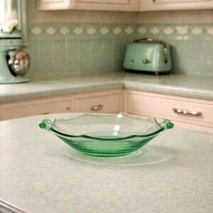 Vintage Green Glass Candy Dish with Handles | 7 Inch Decorative Serving Bowl